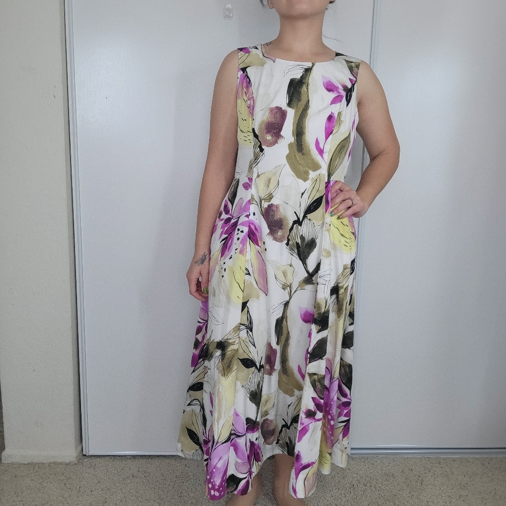 Alfani Women's Floral Sleeveless A-Line Dress White Purple Yellow‎ Size 10